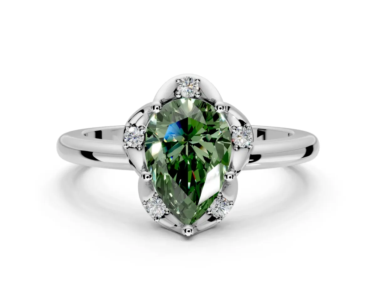 Floral Frame Engagement Ring Setting for Fancy Green Pear-Shaped Center with Accent Clusters and Prong Head in Platinum