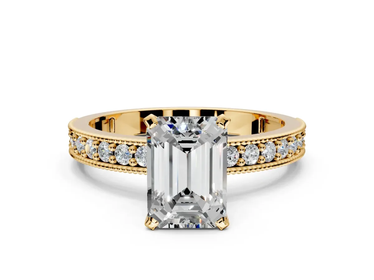 Milgrain Pave Engagement Ring Setting for Emerald Cut Center with Accent Band and Prong Head in Yellow Gold