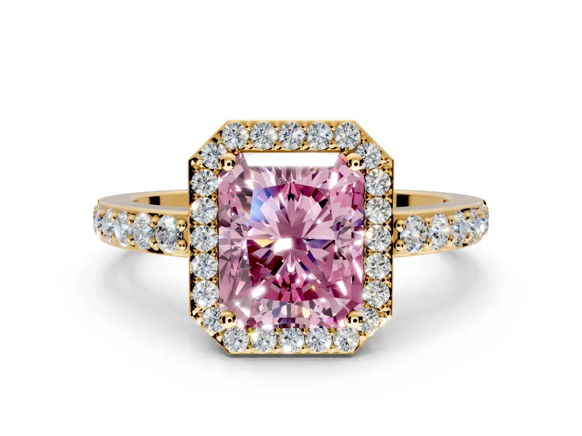 Halo Engagement Ring Setting for Fancy Pink Radiant Cut Center with Heart-Shaped Openwork, Pave Band and Prong Head in Yellow Gold