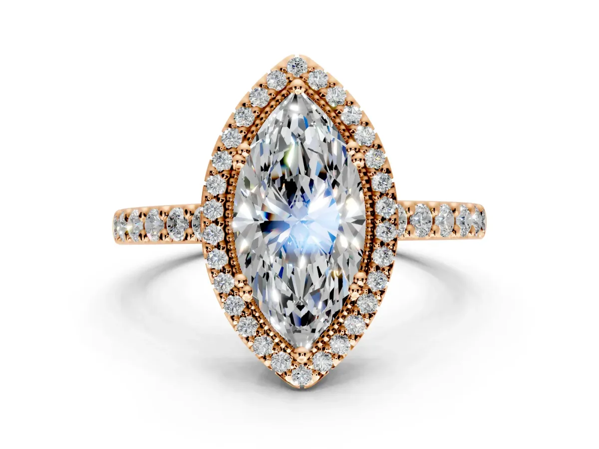 Halo Engagement Ring Setting for Marquise Center with Inner Milgrain Border and Prong Head in Rose Gold