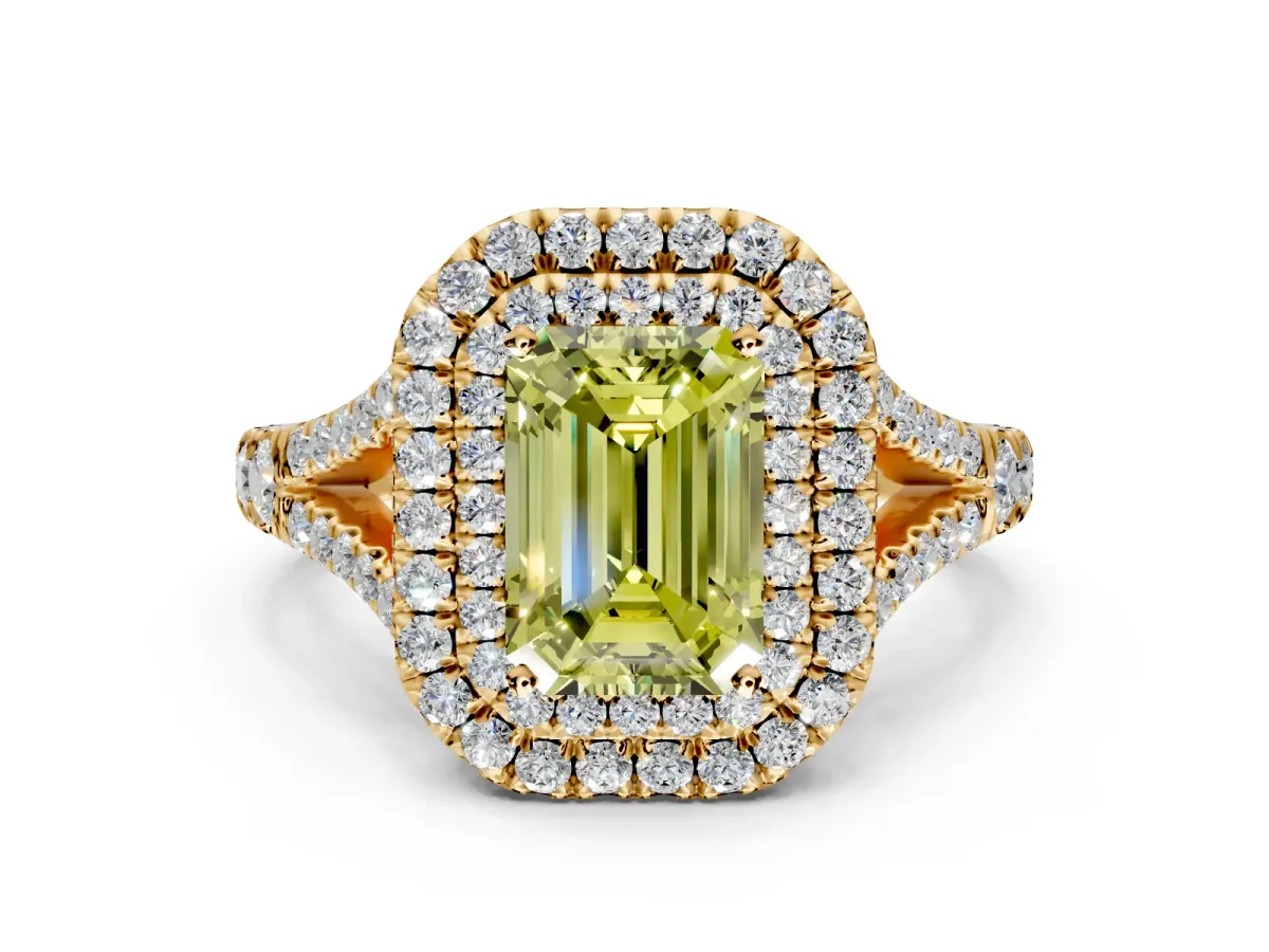 Double Halo Engagement Ring Setting for Fancy Yellow Emerald Cut Center with Narrow Pave Split Shank and Prong Head in Yellow Gold