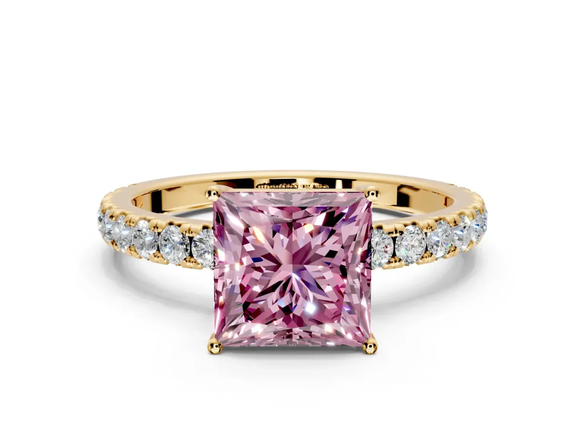 Solitaire Engagement Ring Setting for Fancy Pink Princess Cut Center with Large Accent Band and Prong Head in Yellow Gold