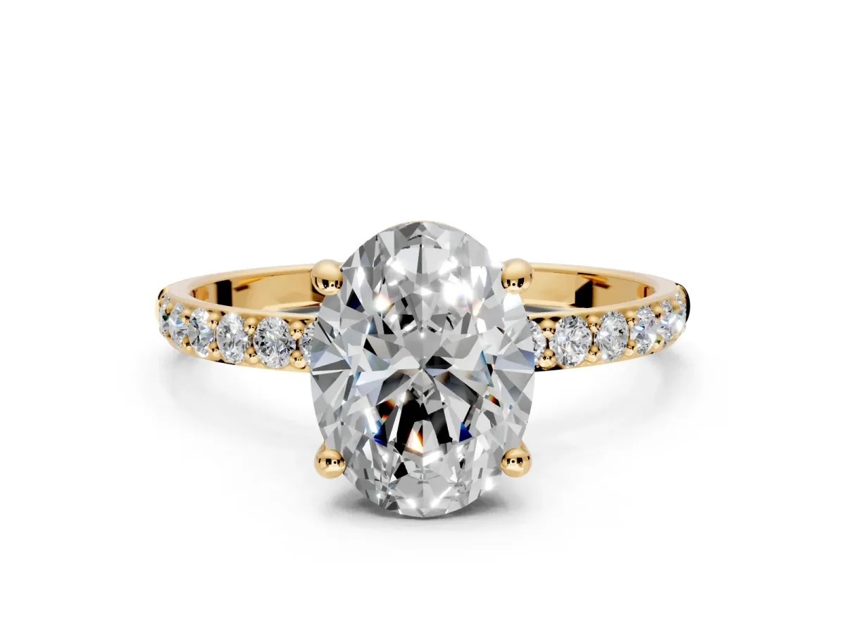 Solitaire Engagement Ring Setting for Oval Center with Pave Accents and Prong Head in Yellow Gold