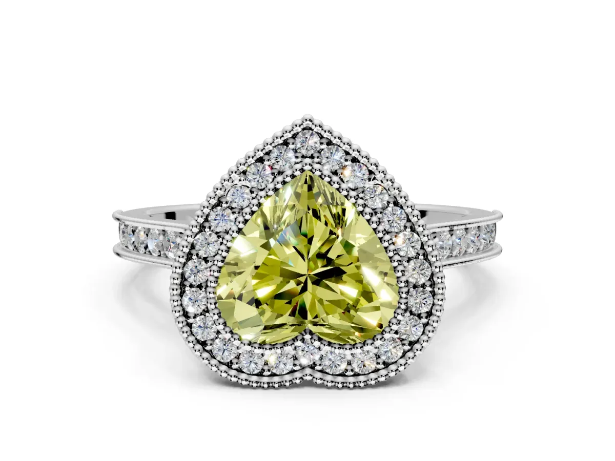Halo Engagement Ring Setting for Fancy Yellow Heart-Shaped Center with Milgrain Pave Band and Bezel Head in White Gold