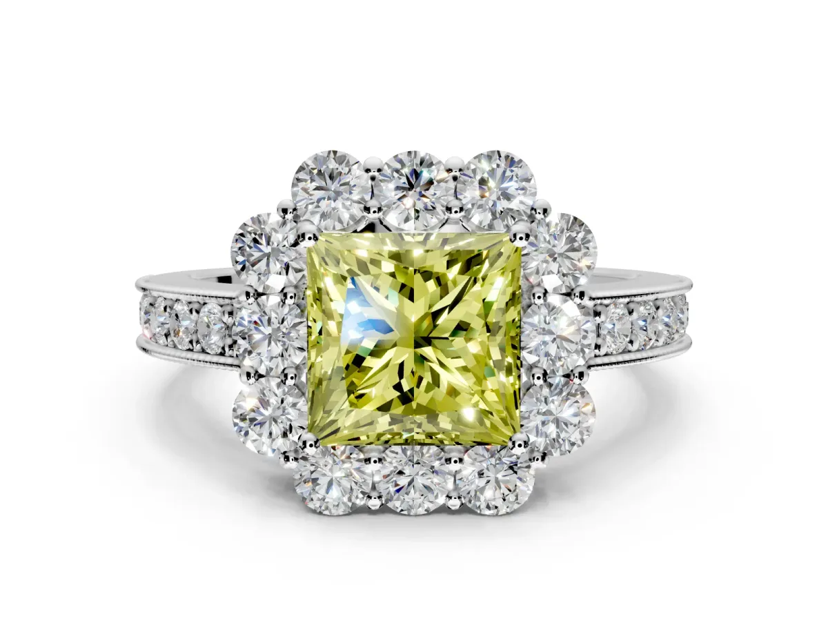 Halo Engagement Ring Setting for Fancy Yellow Princess Cut Center with Milgrain Channel Band and Prong Head in Sterling Silver