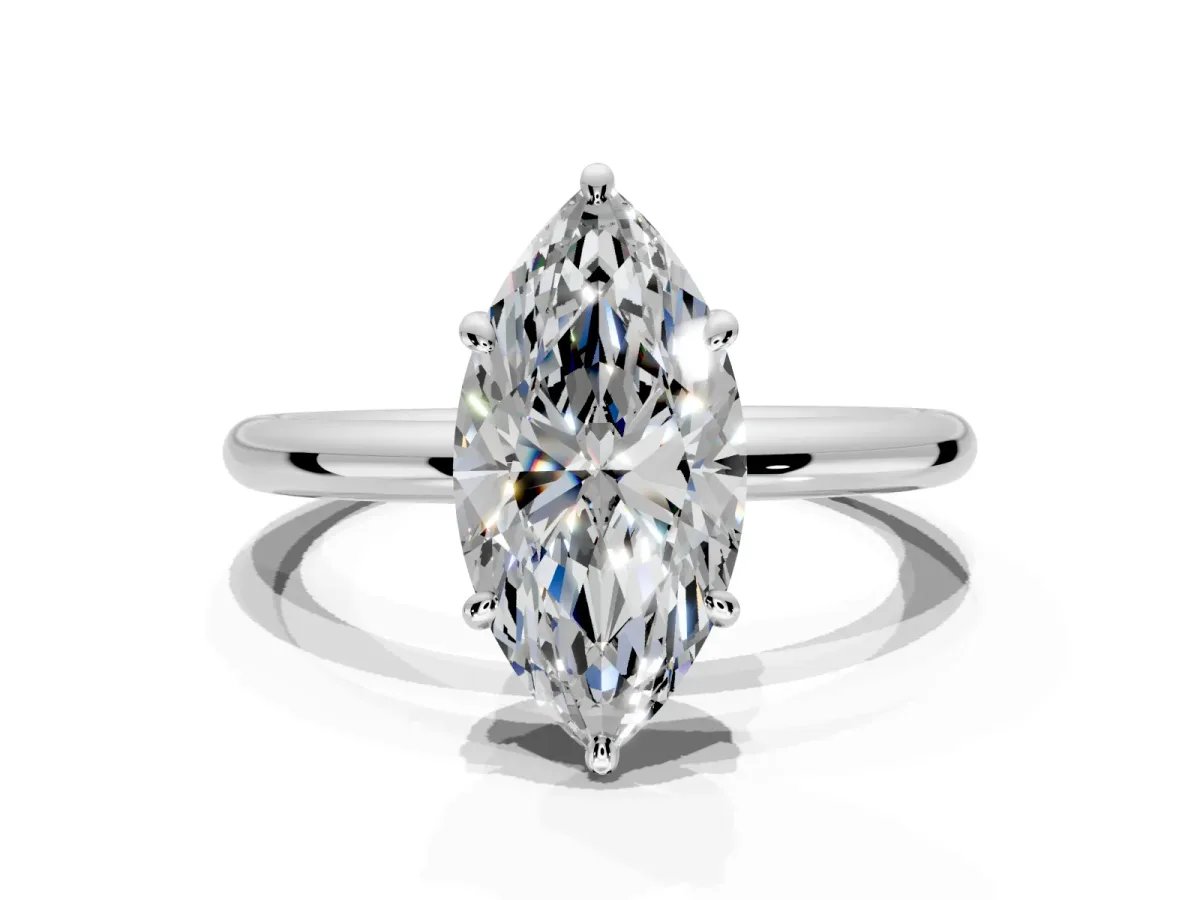 Low-Set Solitaire Engagement Ring Setting for Marquise Center with Thin Plain Band and Prong Head in White Gold