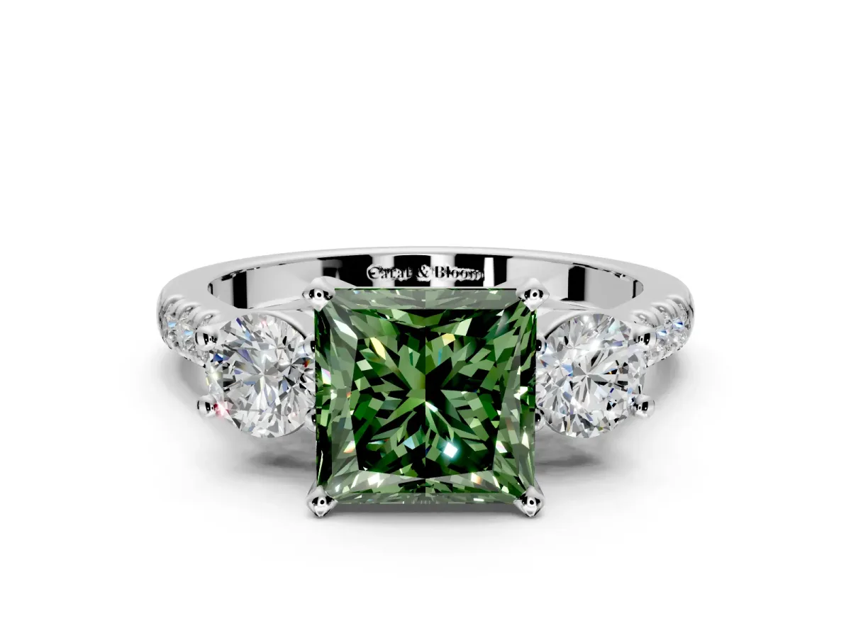 3 Stone Engagement Ring Setting for Fancy Green Princess Cut Center with Crossover Basket, Pave Band and Prong Head in White Gold