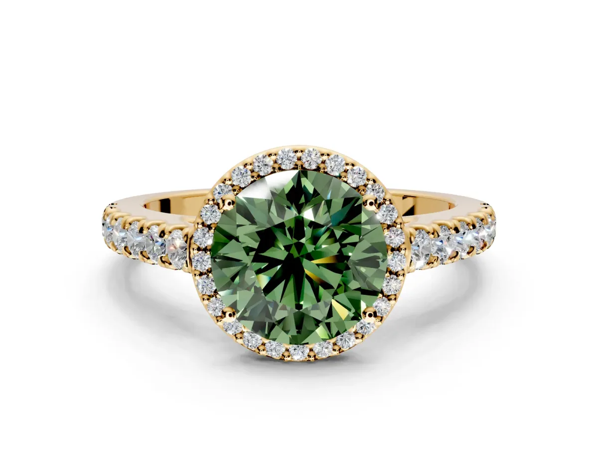Halo Engagement Ring Setting for Fancy Green Round Cut Center with Full Pave Band and Prong Head in Yellow Gold