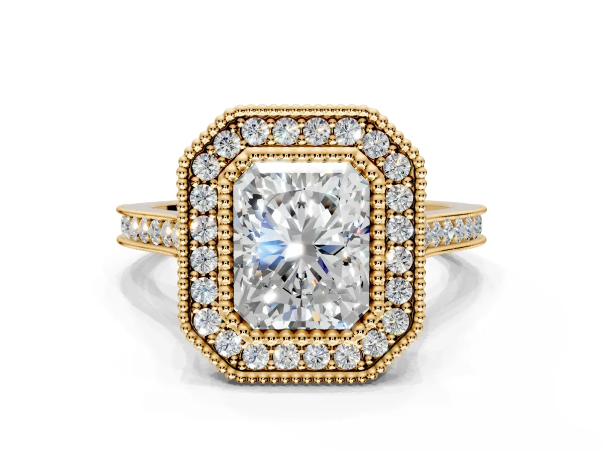 Halo Engagement Ring Setting for Radiant Cut Center with Milgrain Frame, Pave Band and Prong Head in Yellow Gold