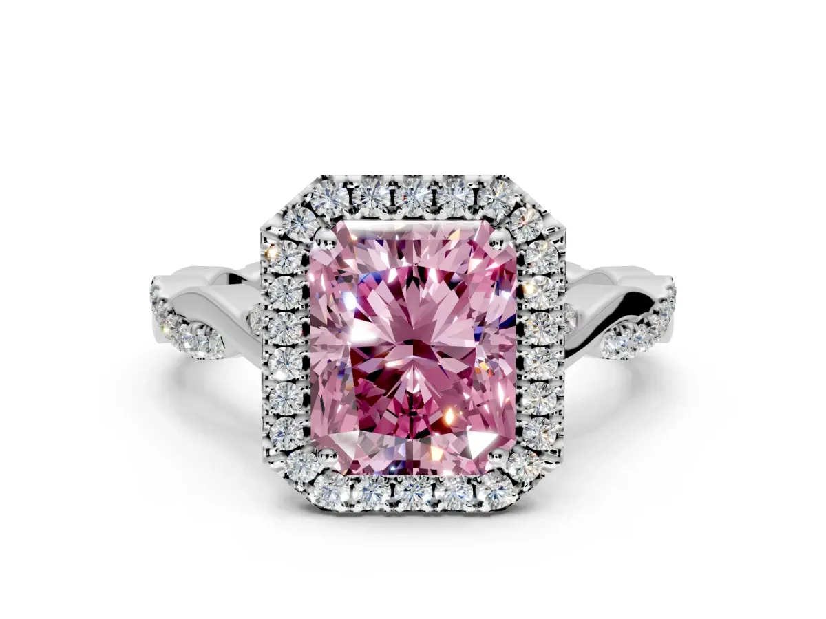 Halo Engagement Ring Setting for Fancy Pink Radiant Cut Center with Twist Band and Prong Head in Platinum