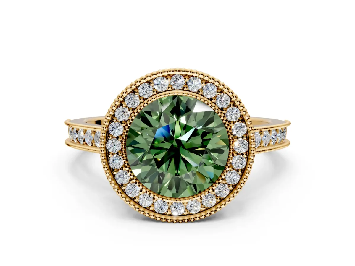Halo Engagement Ring Setting for Fancy Green Round Cut Center with Milgrain Pave Band and Bezel Head in Yellow Gold