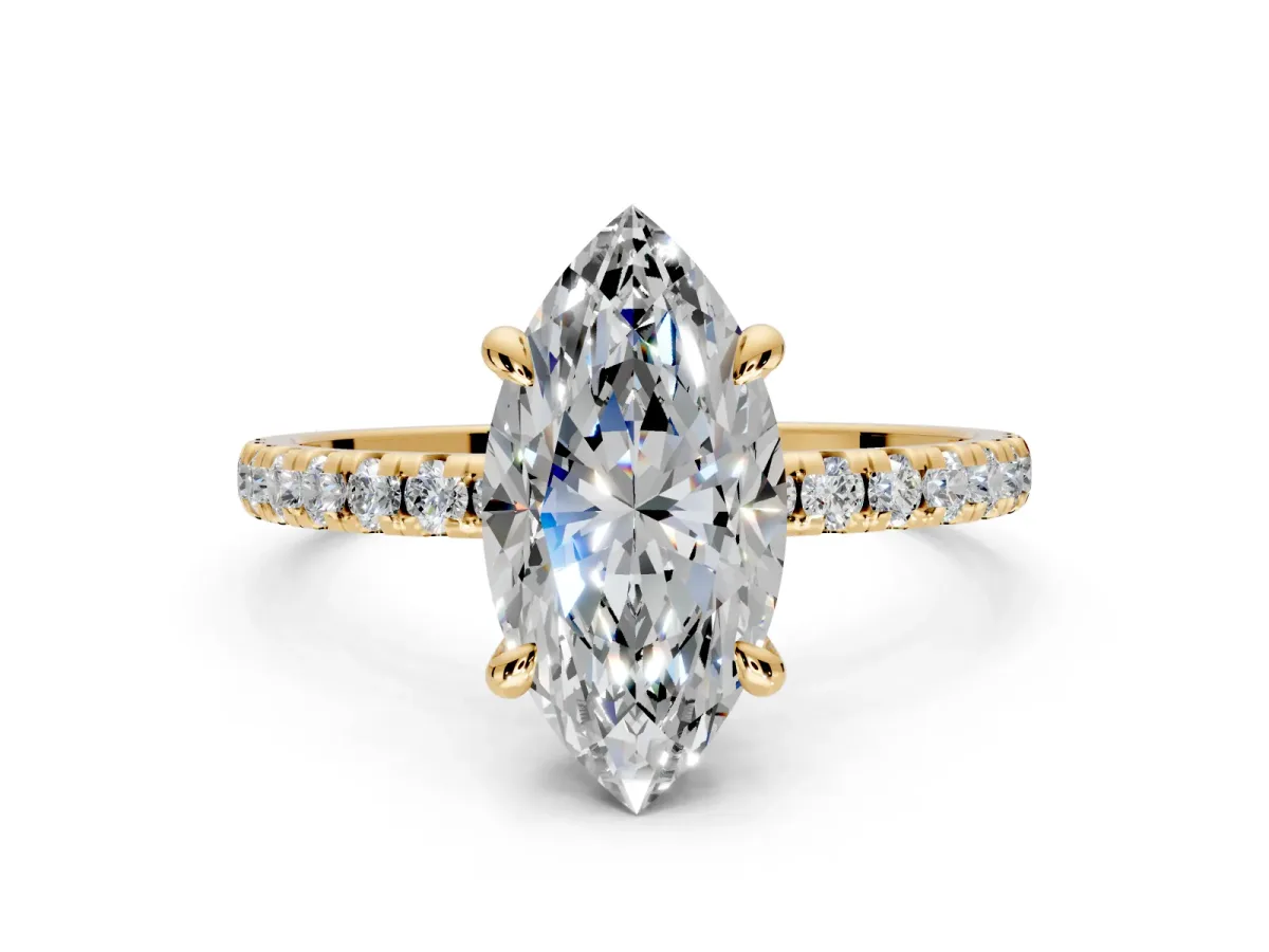 Solitaire Engagement Ring Setting for Marquise Center with Fine Pave Narrow Band and Prong Head in Yellow Gold