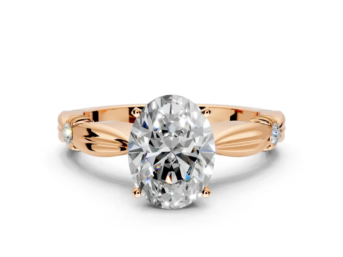 Solitaire Engagement Ring Setting for Oval Center with Carved Leaf Shoulders and Prong Head in Rose Gold
