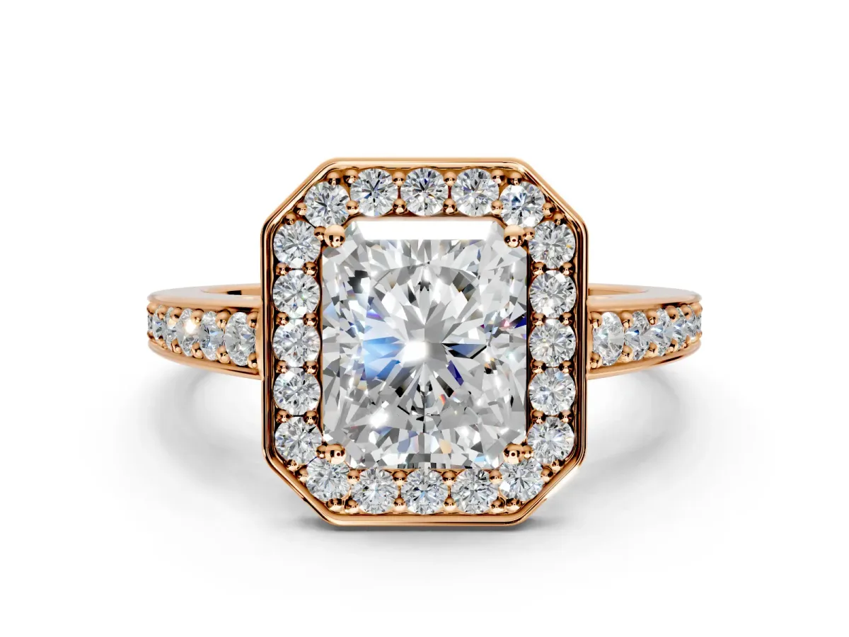 Bezel-Framed Halo Engagement Ring Setting for Radiant Cut Center with Pave Band and Prong Head in Rose Gold