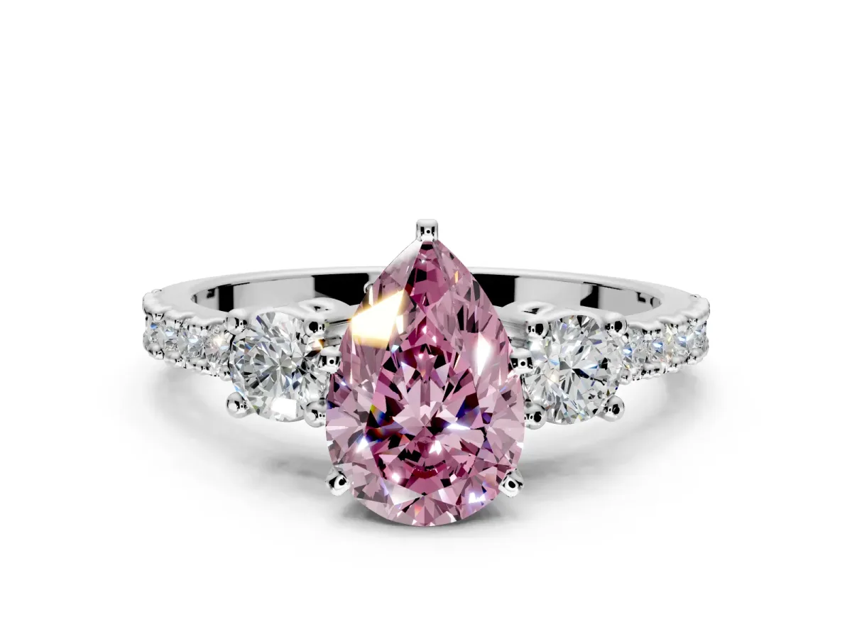 3 Stone Engagement Ring Setting for Fancy Pink Pear-Shaped Center with Round Cut Side Accents and Prong Head in Sterling Silver