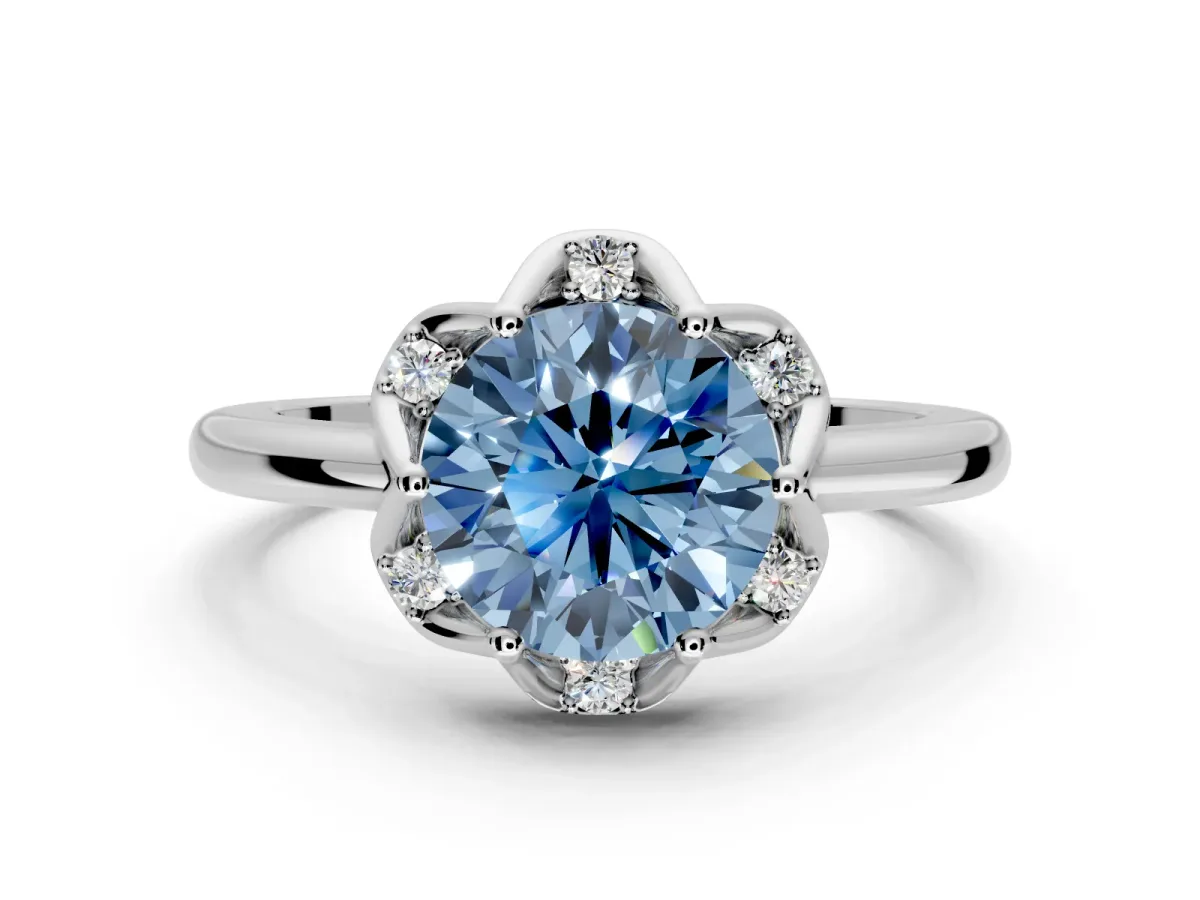 Floral Frame Engagement Ring Setting for Fancy Blue Round Cut Center with Accent Clusters and Prong Head in Sterling Silver