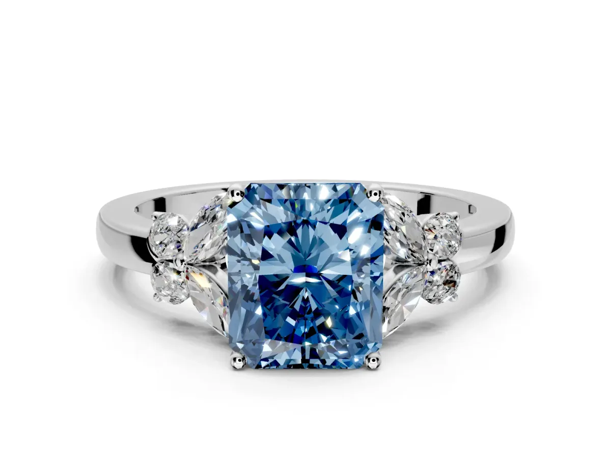 Solitaire Engagement Ring Setting for Fancy Blue Radiant Cut Center with Marquise Flower Shoulders and Prong Head in Sterling Silver