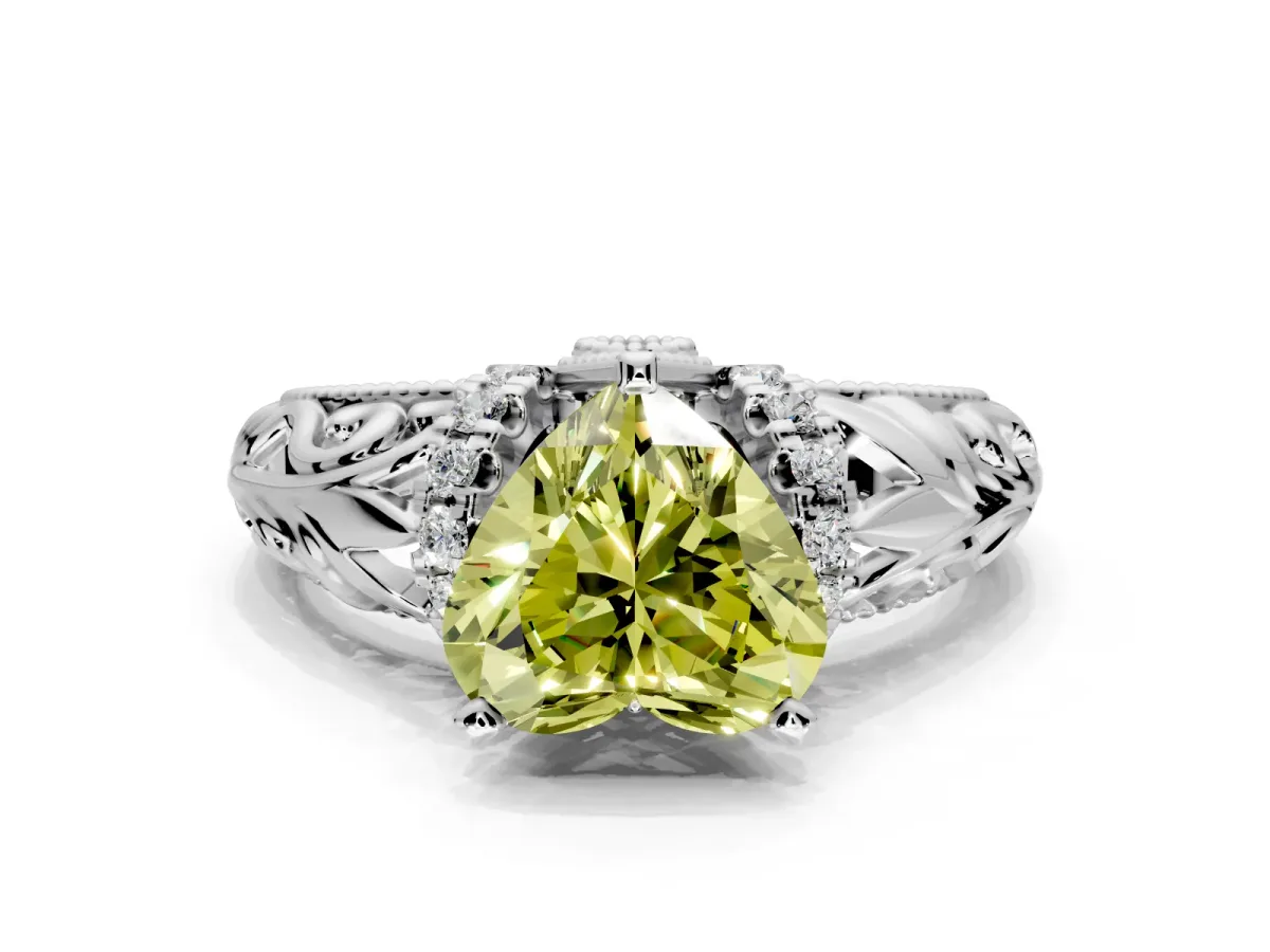 Solitaire Engagement Ring Setting for Fancy Yellow Heart-Shaped Center with Filigree Accent Basket and Prong Head in White Gold