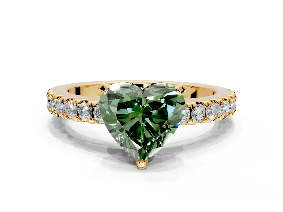 Solitaire Engagement Ring Setting for Fancy Green Heart-Shaped Center with Single Row Accent Band and Prong Head in Yellow Gold