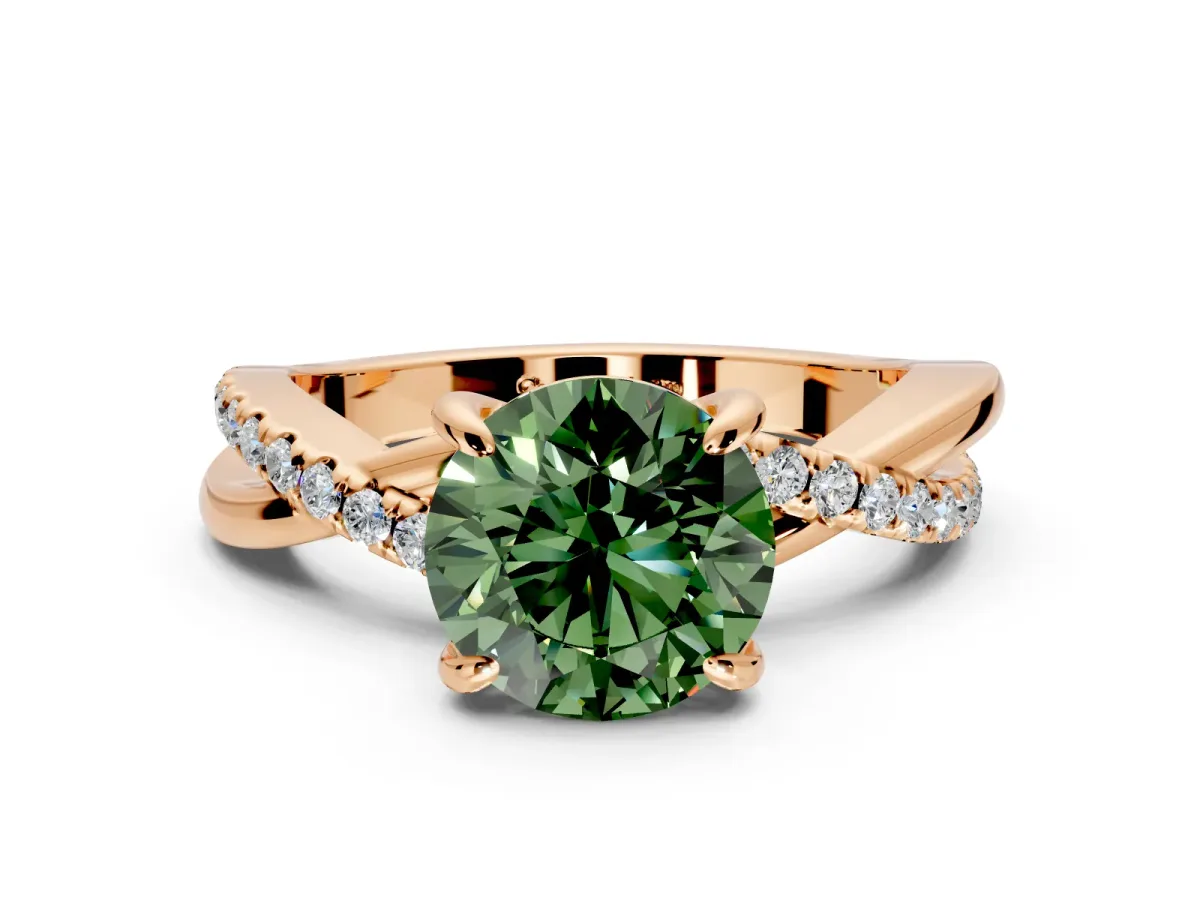 Solitaire Engagement Ring Setting for Fancy Green Round Cut Center with Half-Pave Crossover Band and Prong Head in Rose Gold