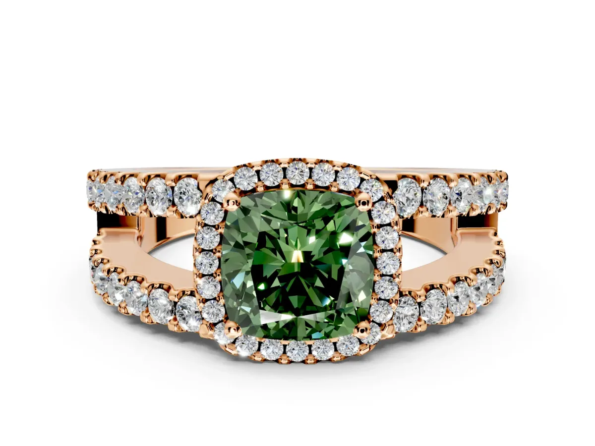 Halo Engagement Ring Setting for Fancy Green Cushion Cut Center with Wide-Open Pave Split Shank and Prong Head in Rose Gold