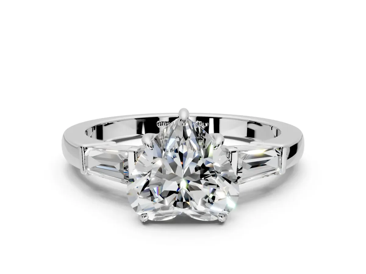3 Stone Engagement Ring Setting for Heart-Shaped Center with Baguette Accents and Prong Head in Sterling Silver