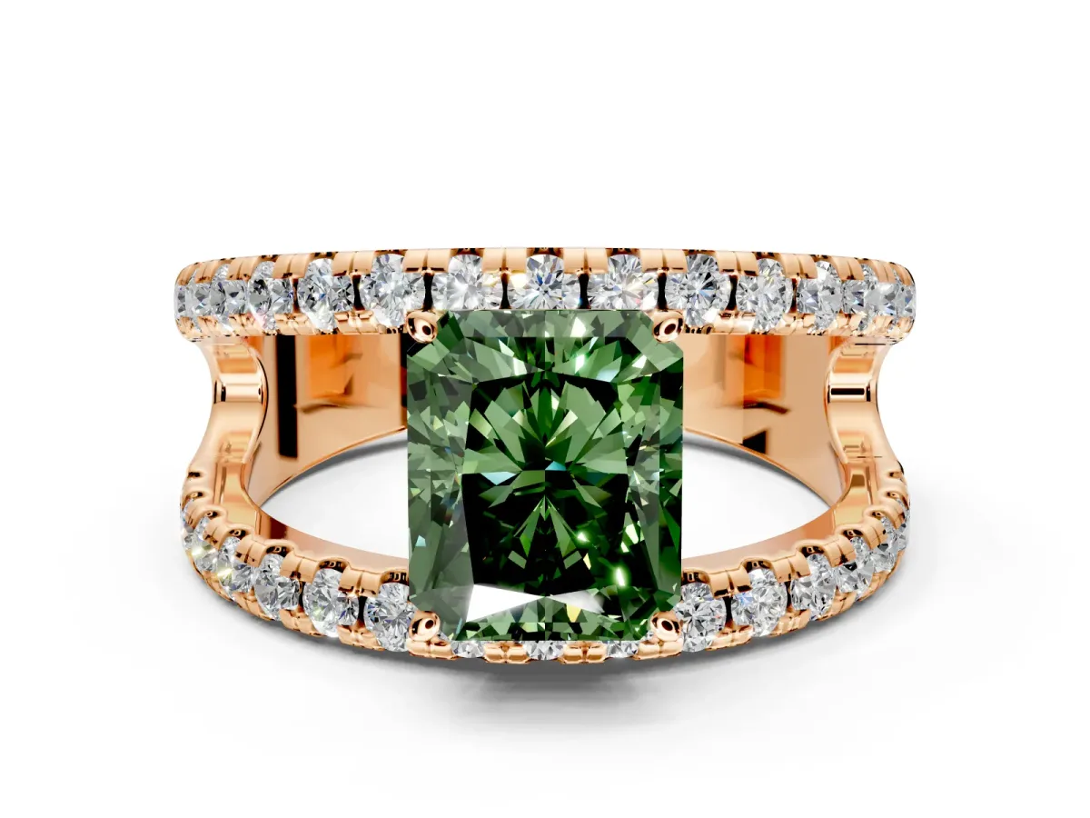 Solitaire Engagement Ring Setting for Fancy Green Radiant Cut Center with Wide-Open Split Shank and Prong Head in Rose Gold