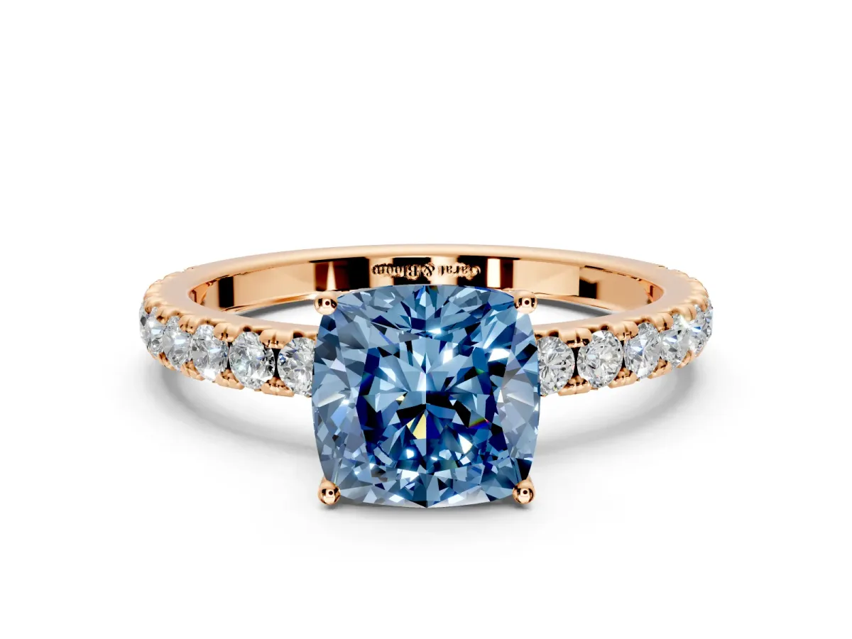 Solitaire Engagement Ring Setting for Fancy Blue Cushion Cut Center with Large Accent Band and Prong Head in Rose Gold