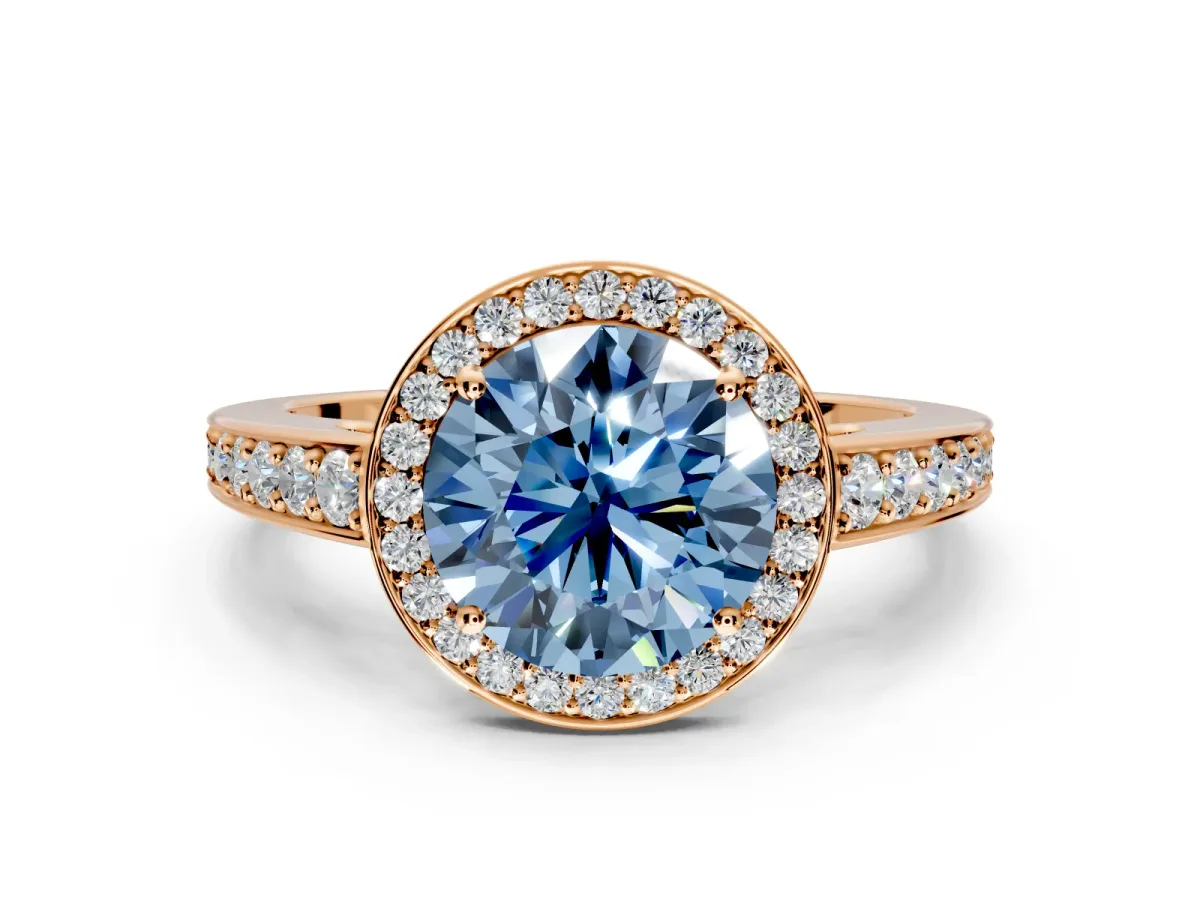 Bezel-Framed Halo Engagement Ring Setting for Fancy Blue Round Cut Center with Pave Band and Prong Head in Rose Gold