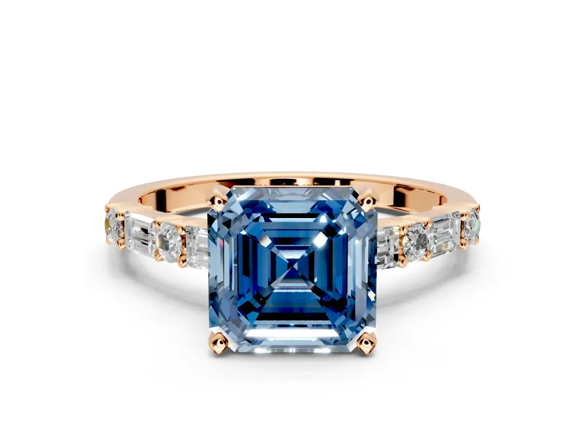 Baguette Engagement Ring Setting for Fancy Blue Asscher Cut Center with Alternating Bar-Set Band and Prong Head in Rose Gold