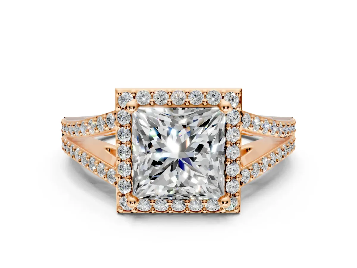 Halo Engagement Ring Setting for Princess Cut Center with Pave Split Shank and Prong Head in Rose Gold