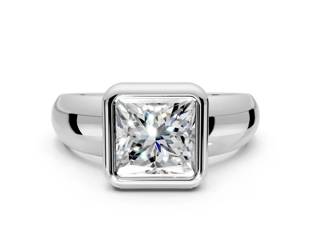 Solitaire Engagement Ring Setting for Princess Cut Center with Wide Band and Bezel Head in White Gold