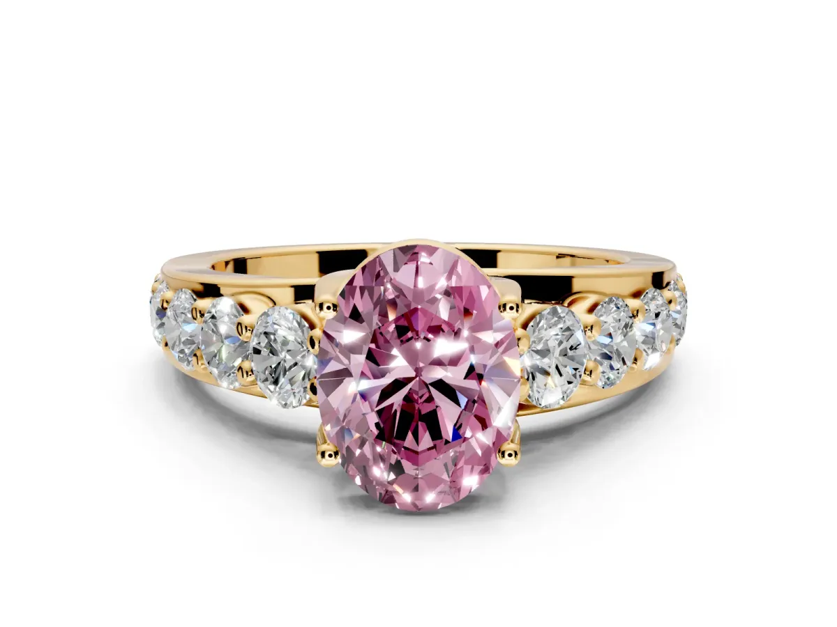 Solitaire Engagement Ring Setting for Fancy Pink Oval Center with Graduated Shared Prongs and Prong Head in Yellow Gold