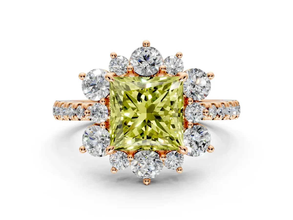 Floral Halo Engagement Ring Setting for Fancy Yellow Princess Cut Center with Pave Accents and Prong Head in Rose Gold
