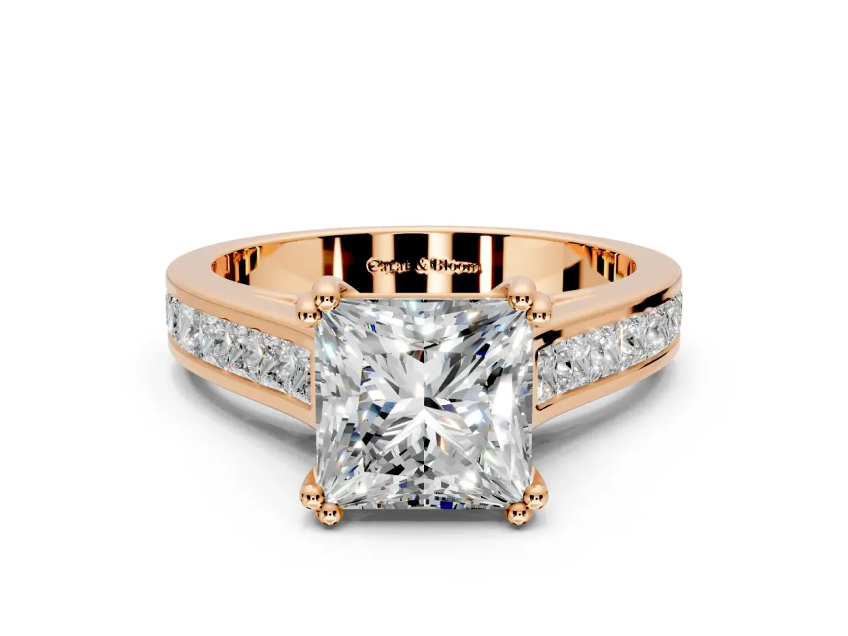 Solitaire Engagement Ring Setting for Princess Cut Center with Channel Band and Double Claw Prong Head in Rose Gold