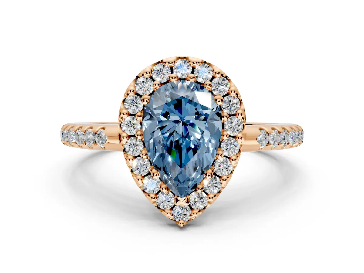 Pave Halo Engagement Ring Setting for Fancy Blue Pear-Shaped Center with Single Row Pave Band and Prong Head in Rose Gold
