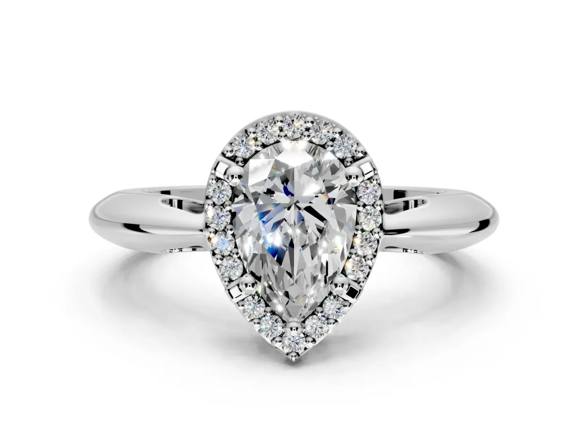 Halo Engagement Ring Setting for Pear-Shaped Center with Tapered Plain Band and Prong Head in Sterling Silver