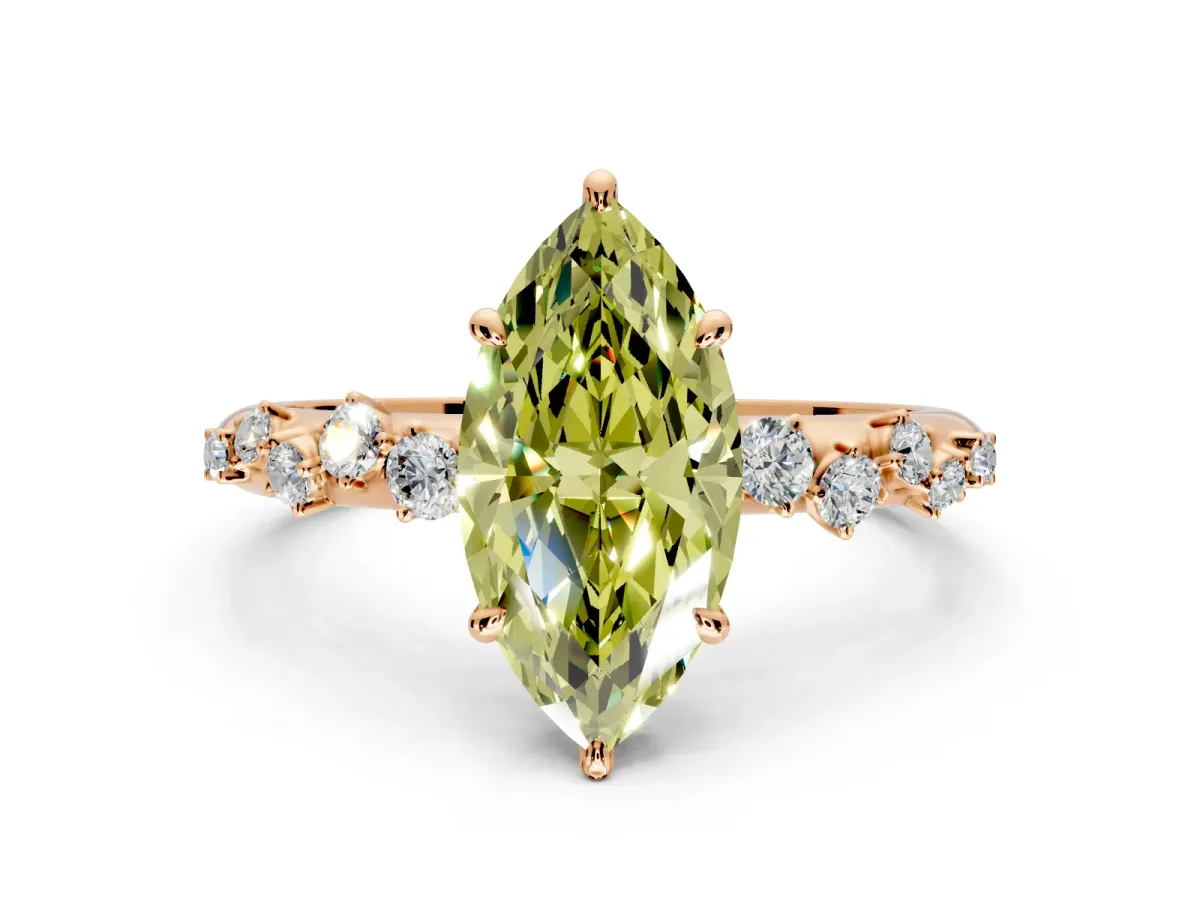 Cluster Engagement Ring Setting for Fancy Yellow Marquise Center with Round Cut Accent Band and Prong Head in Rose Gold