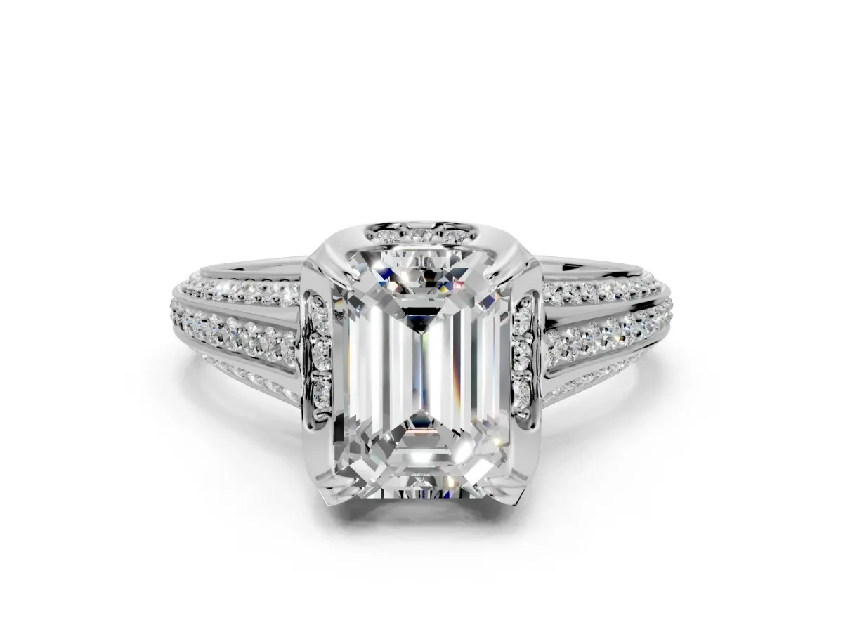 Solitaire Engagement Ring Setting for Emerald Cut Center with Accented Split Shank and Prong Head in Platinum