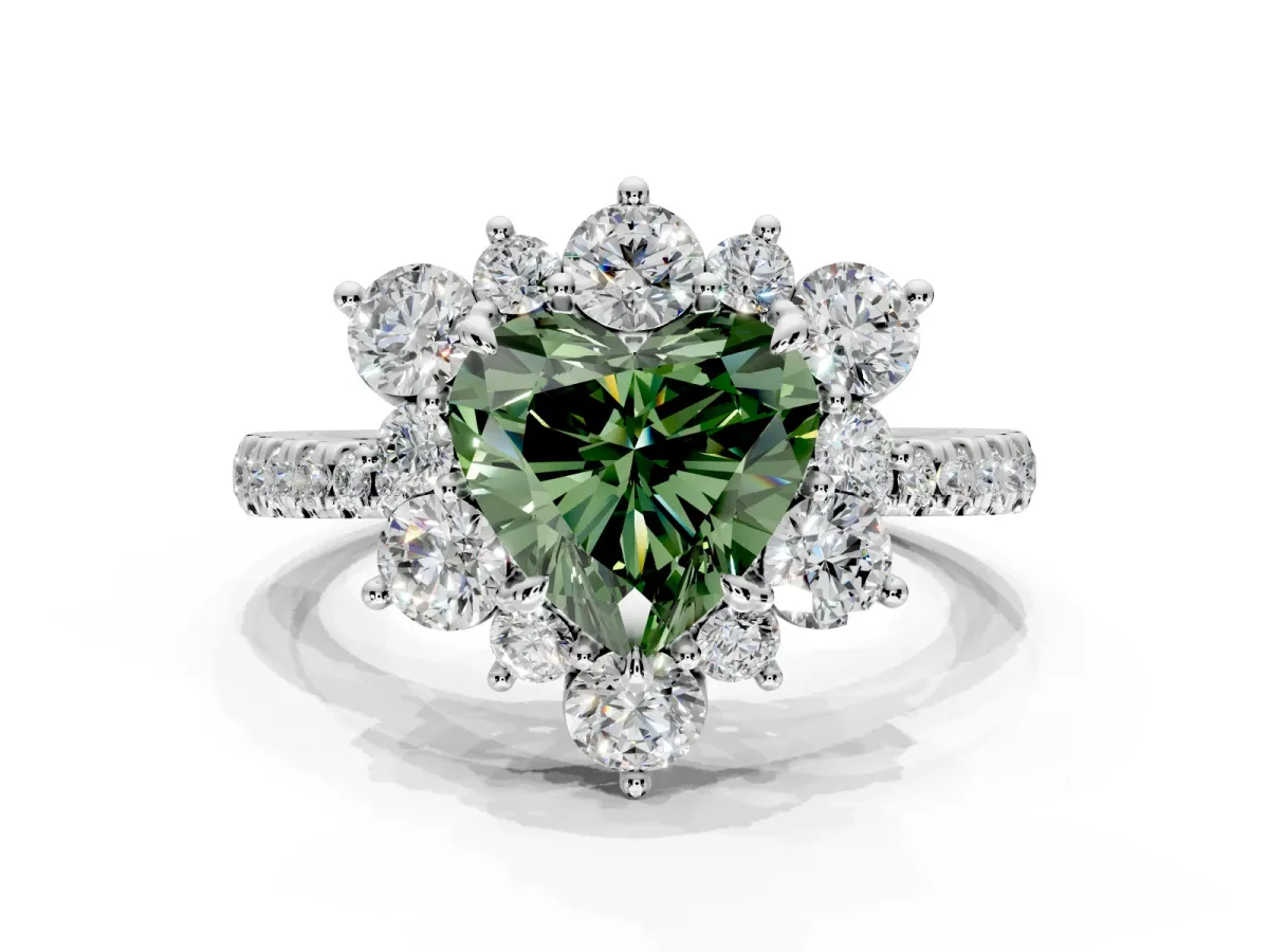 Floral Halo Engagement Ring Setting for Fancy Green Heart-Shaped Center with Pave Accents and Prong Head in Platinum
