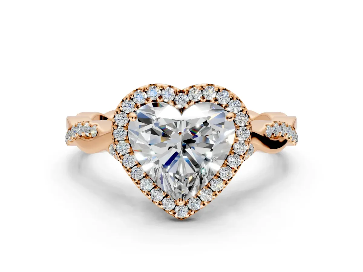 Halo Engagement Ring Setting for Heart-Shaped Center with Twist Band and Prong Head in Rose Gold