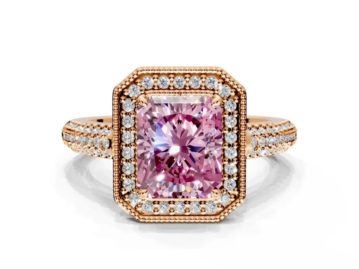 Milgrain Halo Engagement Ring Setting for Fancy Pink Radiant Cut Center with Three-Sided Pave Band and Prong Head in Rose Gold