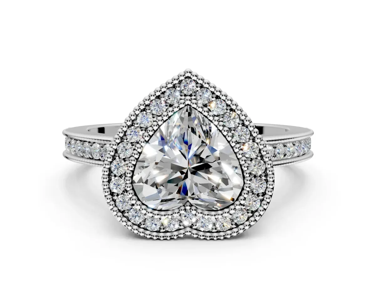 Halo Engagement Ring Setting for Heart-Shaped Center with Milgrain Halo, Pave Band and Prong Head in White Gold