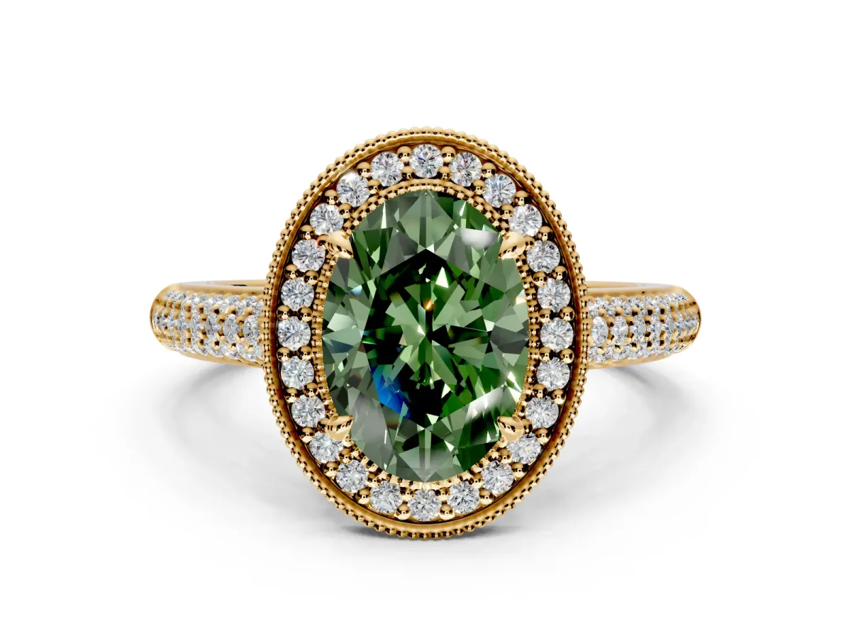 Milgrain Halo Engagement Ring Setting for Fancy Green Oval Center with Three-Sided Pave Band and Prong Head in Yellow Gold