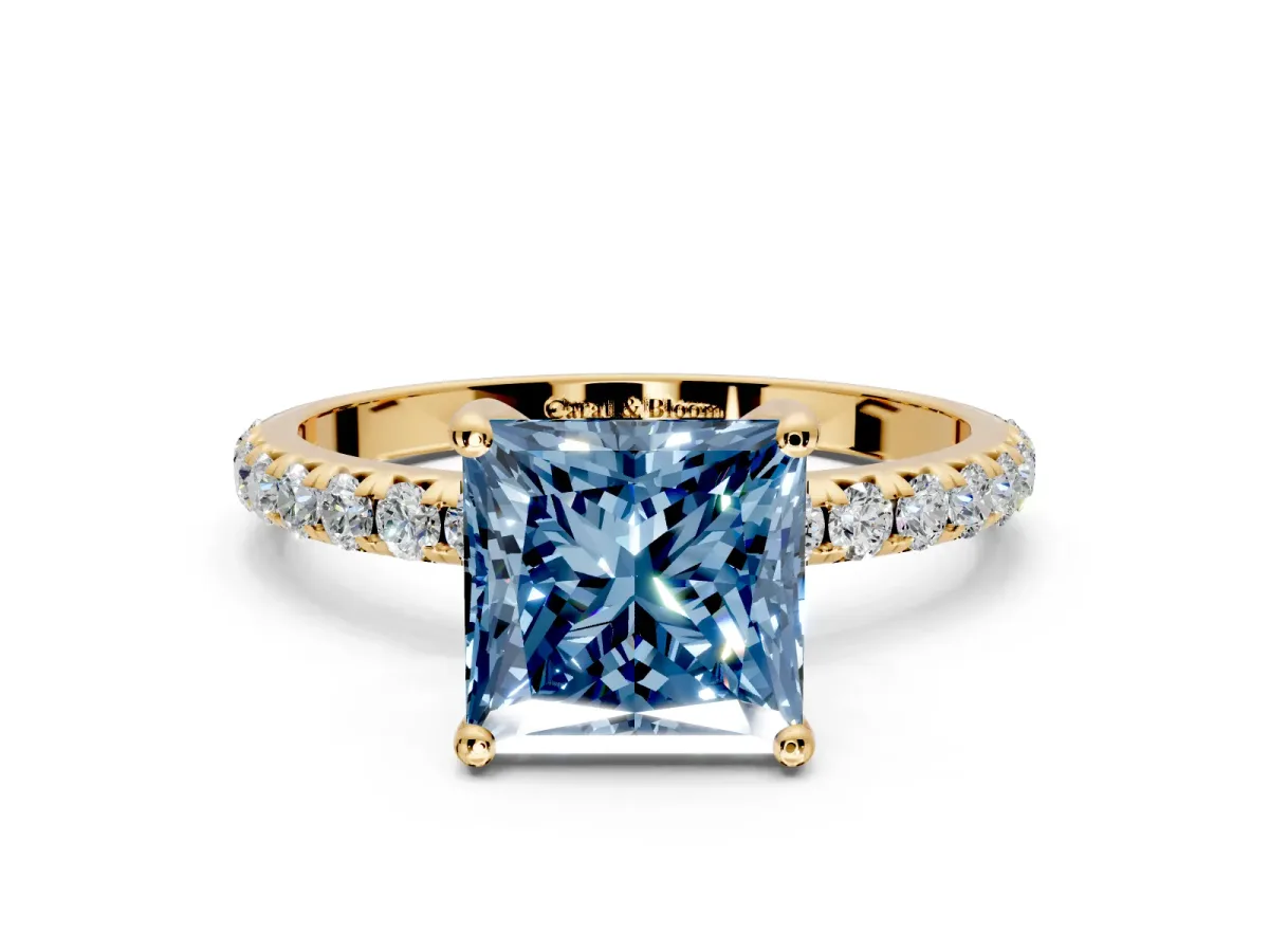 Solitaire Engagement Ring Setting for Fancy Blue Princess Cut Center with Micro Pave Band and Prong Head in Yellow Gold