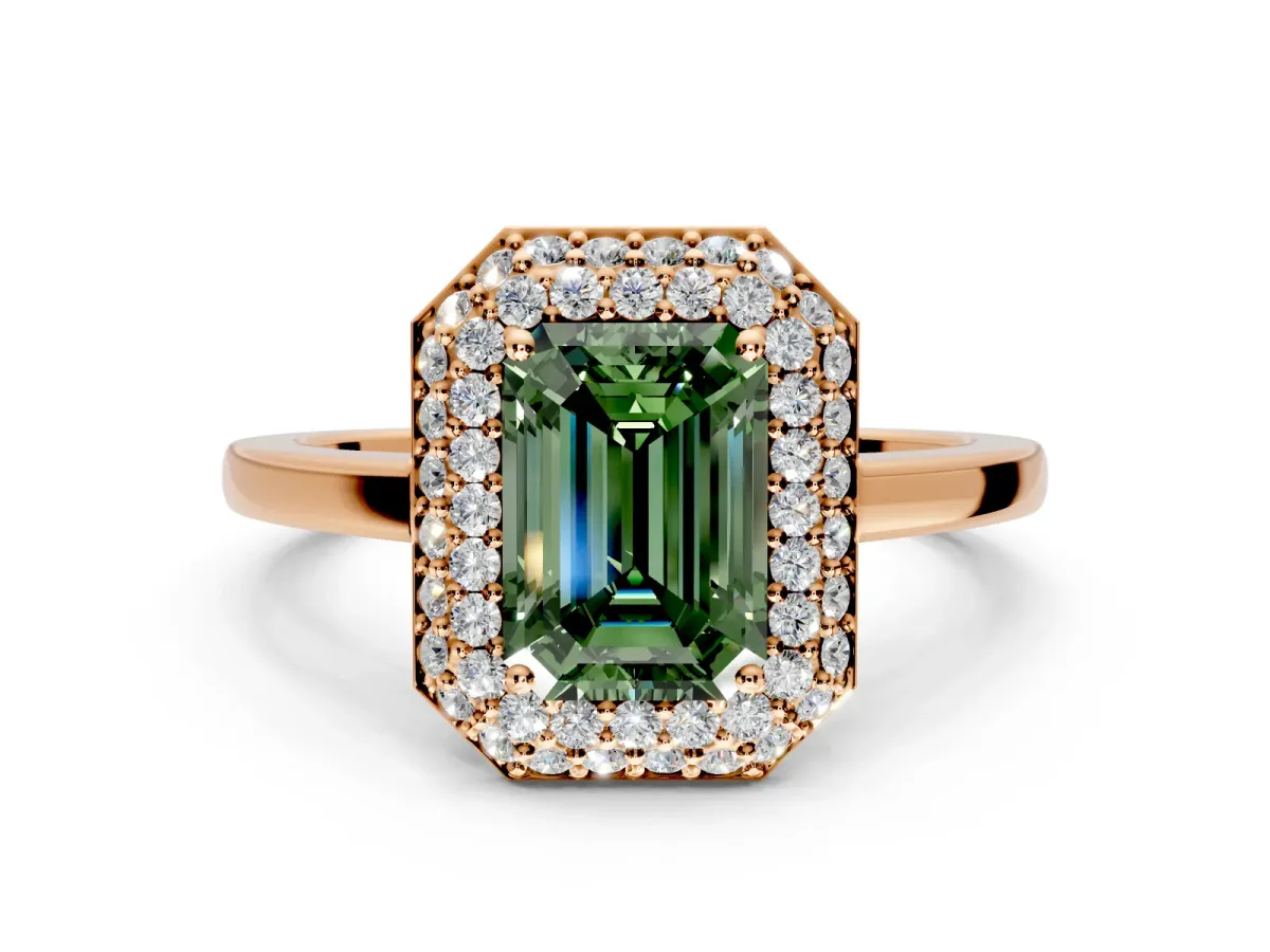 Halo Engagement Ring Setting for Fancy Green Emerald Cut Center with Plain Tapered Band and Prong Head in Rose Gold