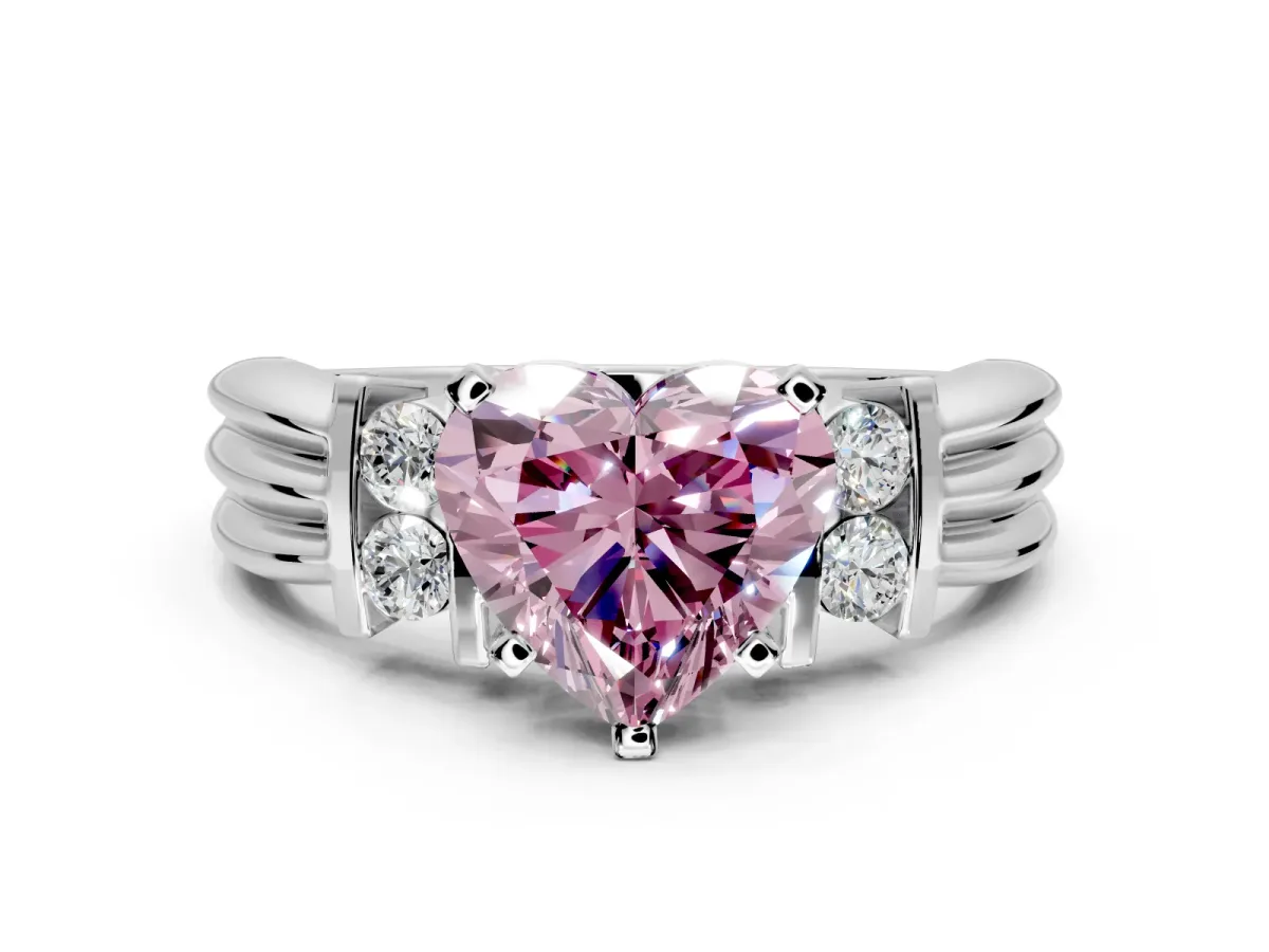 Solitaire Engagement Ring Setting for Fancy Pink Heart-Shaped Center with Grooved Bar Accent Band and Prong Head in White Gold