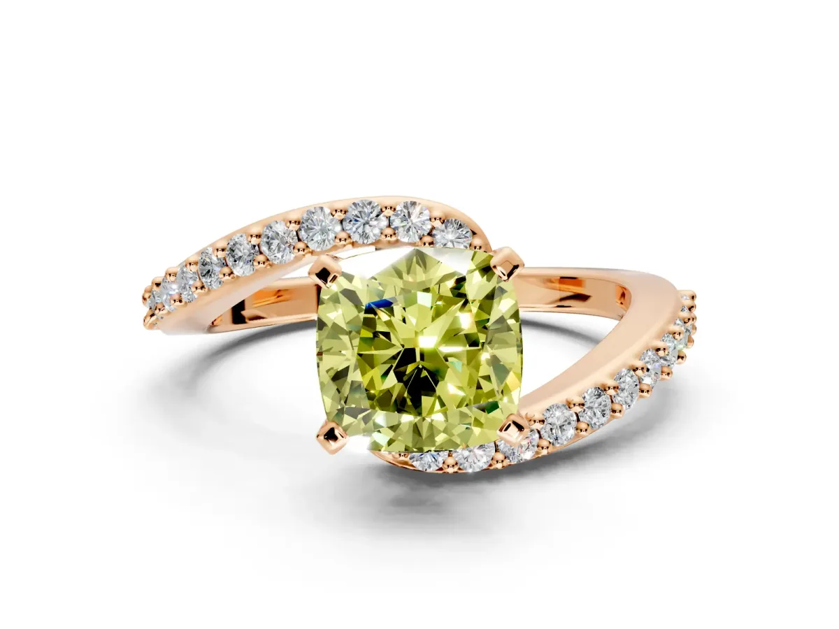 Solitaire Engagement Ring Setting for Fancy Yellow Cushion Cut Center with Pave Bypass Swirl Band and Prong Head in Rose Gold