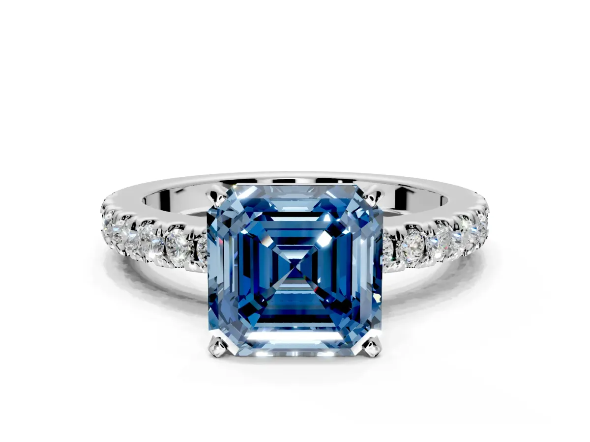 Solitaire Engagement Ring Setting for Fancy Blue Asscher Cut Center with Single Row Accent Band and Prong Head in Platinum