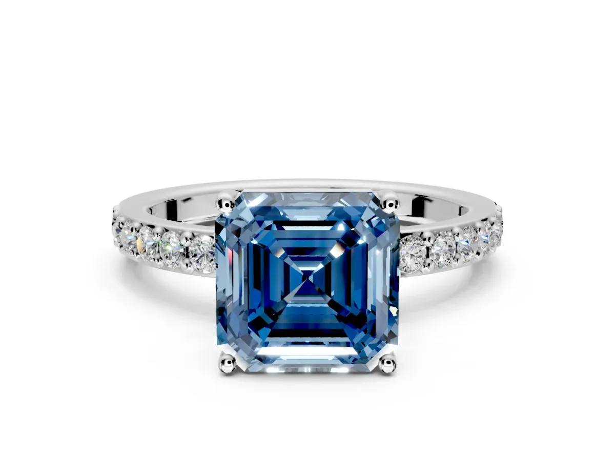 Solitaire Engagement Ring Setting for Fancy Blue Asscher Cut Center with Round Cut Pave Band and Prong Head in Platinum